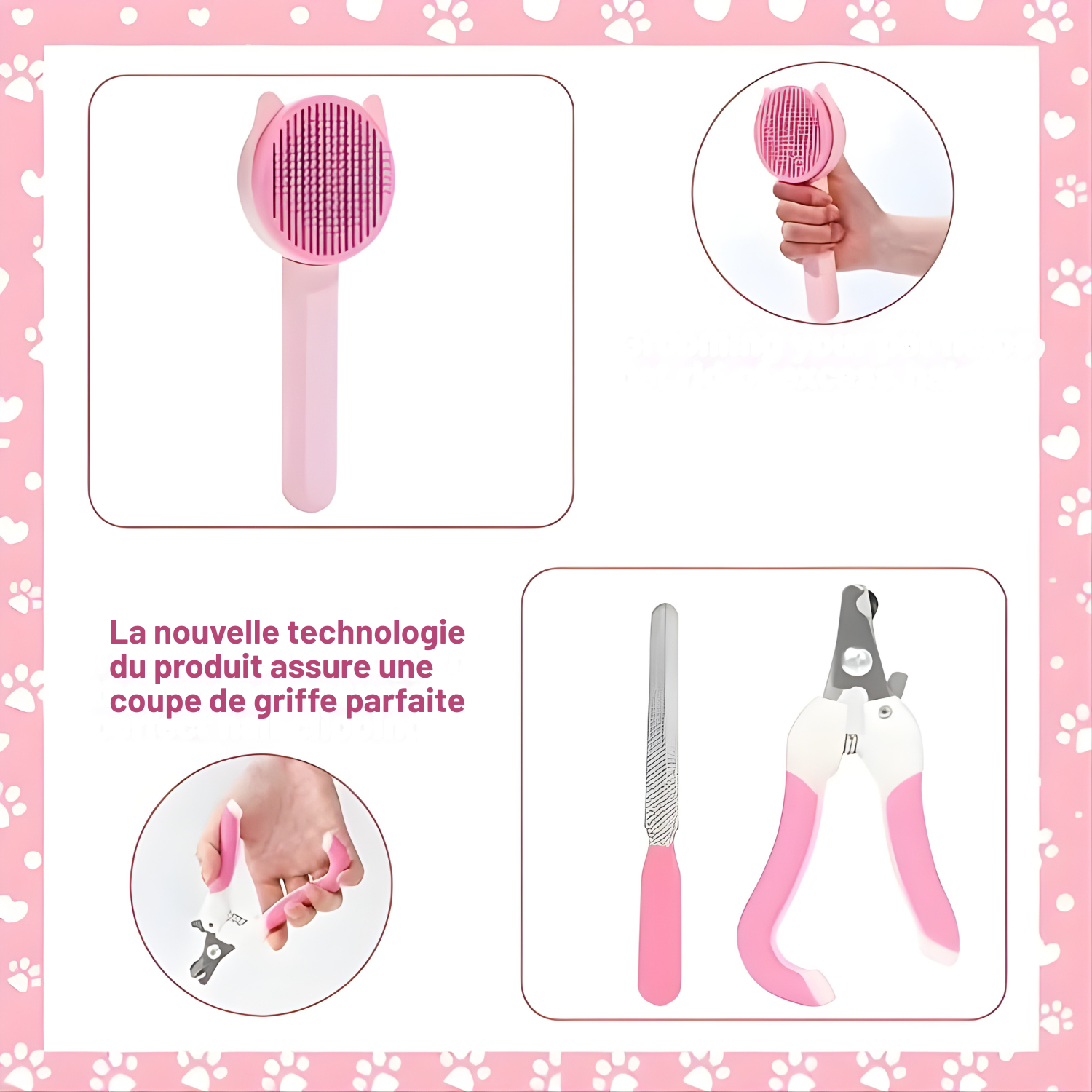 Présentation du kit de soin rose pour chat : brosse autonettoyante avec système de retrait des poils et coupe-griffes de nouvelle technologie pour une coupe parfaite, avec démonstration de prise en main ergonomique.