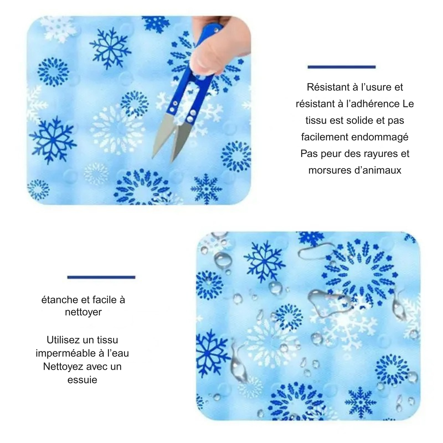 Infographie technique du tapis rafraichissant chat montrant sa résistance aux griffures (avec des ciseaux) et son imperméabilité (avec des bulles d'eau). Ce coussin rafraichissant chat bleu à flocons possède un tissu waterproof facile à nettoyer. Coussin froid pour chat durable et anti-griffes, parfait pour l'été. Qualité premium Les Trésors d'Owka.