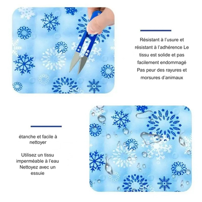Infographie technique du tapis rafraichissant chat montrant sa résistance aux griffures (avec des ciseaux) et son imperméabilité (avec des bulles d'eau). Ce coussin rafraichissant chat bleu à flocons possède un tissu waterproof facile à nettoyer. Coussin froid pour chat durable et anti-griffes, parfait pour l'été. Qualité premium Les Trésors d'Owka.