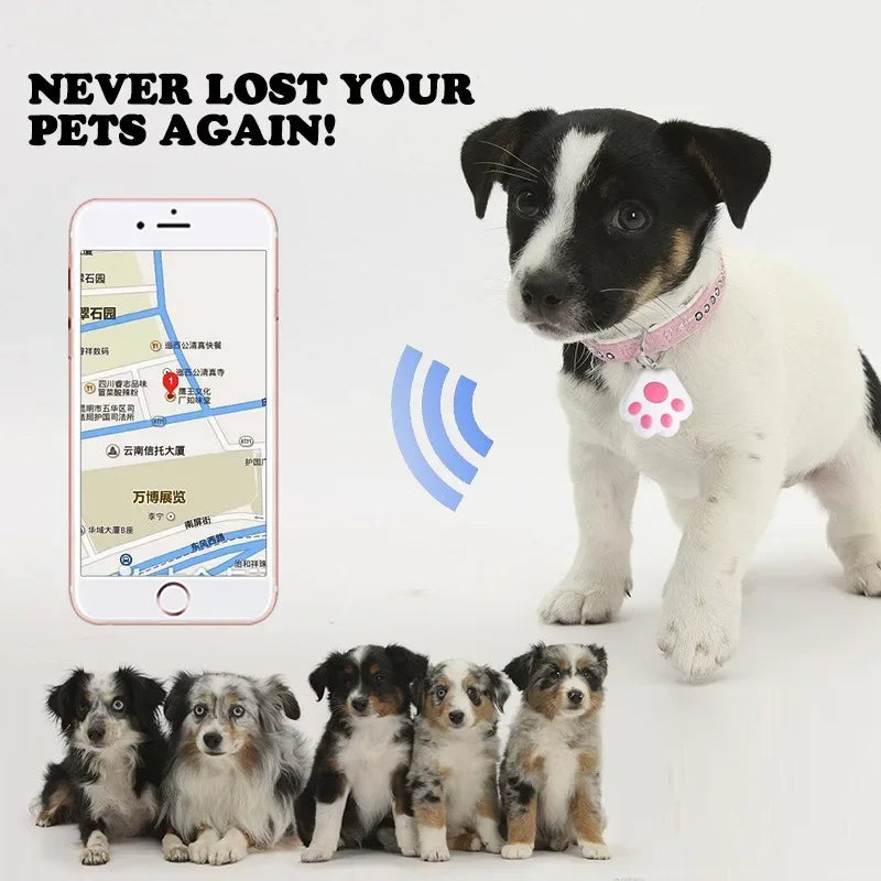 Traceur anti-perte Bluetooth en forme de patte rose attaché au collier d'un chiot, avec démonstration d'une application smartphone affichant une carte de localisation précise.