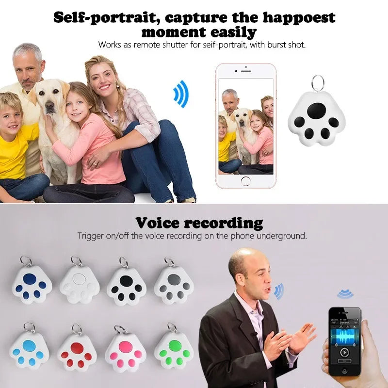 Infographie du traceur intelligent Bluetooth en forme de patte montrant ses fonctions de déclencheur photo à distance pour portraits de famille, enregistreur vocal sur smartphone et localisateur anti-perte disponible en 8 couleurs.