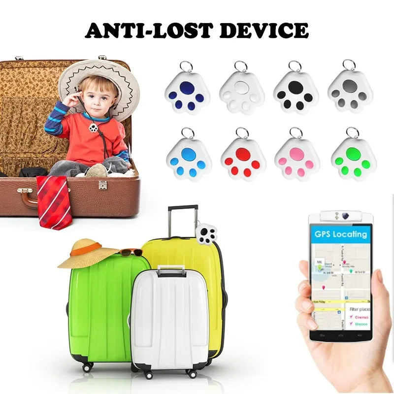 Dispositif anti-perte intelligent en forme de patte pour sécuriser les valises de voyage et les enfants, avec application smartphone de localisation GPS affichant une carte en temps réel.