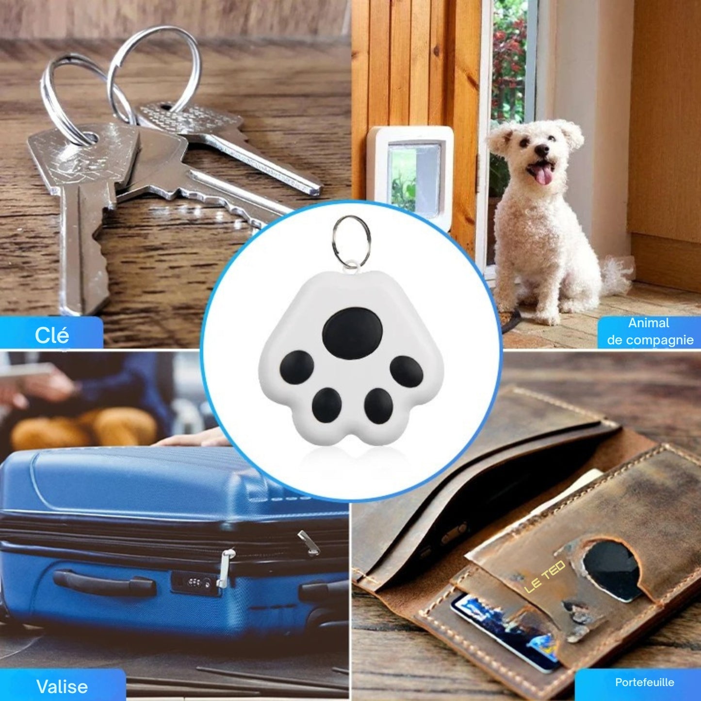 Traceur collier gps chat blanc et noir en forme de patte, présenté dans quatre situations d'utilisation : pour les clés, les animaux de compagnie, les valises et les portefeuilles. Le visuel montre un petit chien blanc à côté d'une chatière, illustrant l'usage comme collier gps pour chaton ou chien. Un dispositif de suivi ultra-léger et polyvalent qui s'accroche partout grâce à ce collier gps compact.