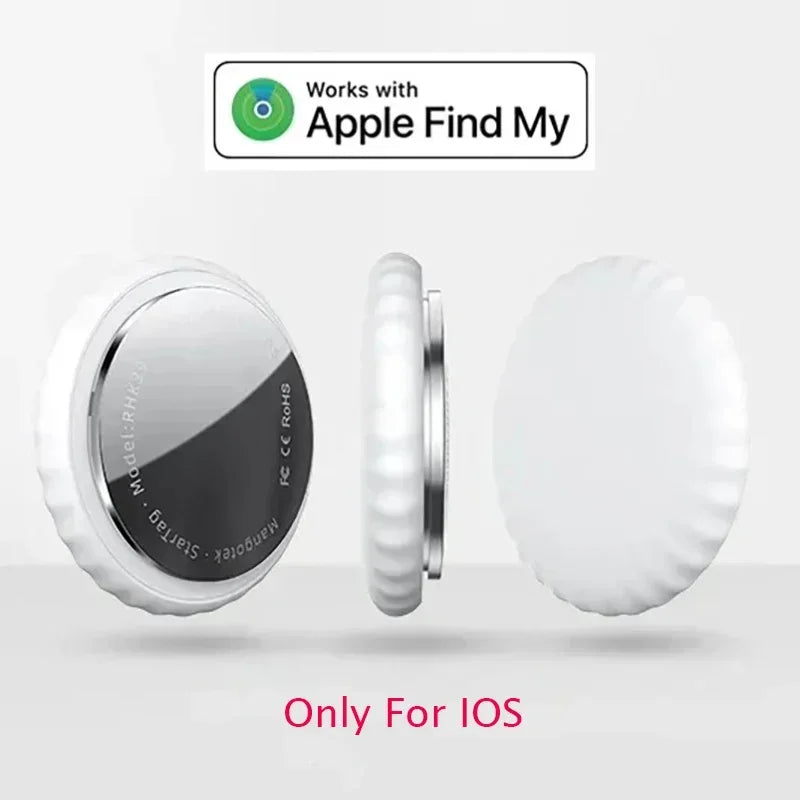 Traceur intelligent StarTag certifié "Works with Apple Find My" pour localisation précise sur iPhone, design compact blanc et chrome, exclusivement compatible iOS.