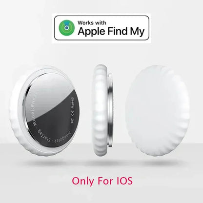 Traceur intelligent StarTag certifié "Works with Apple Find My" pour localisation précise sur iPhone, design compact blanc et chrome, exclusivement compatible iOS.