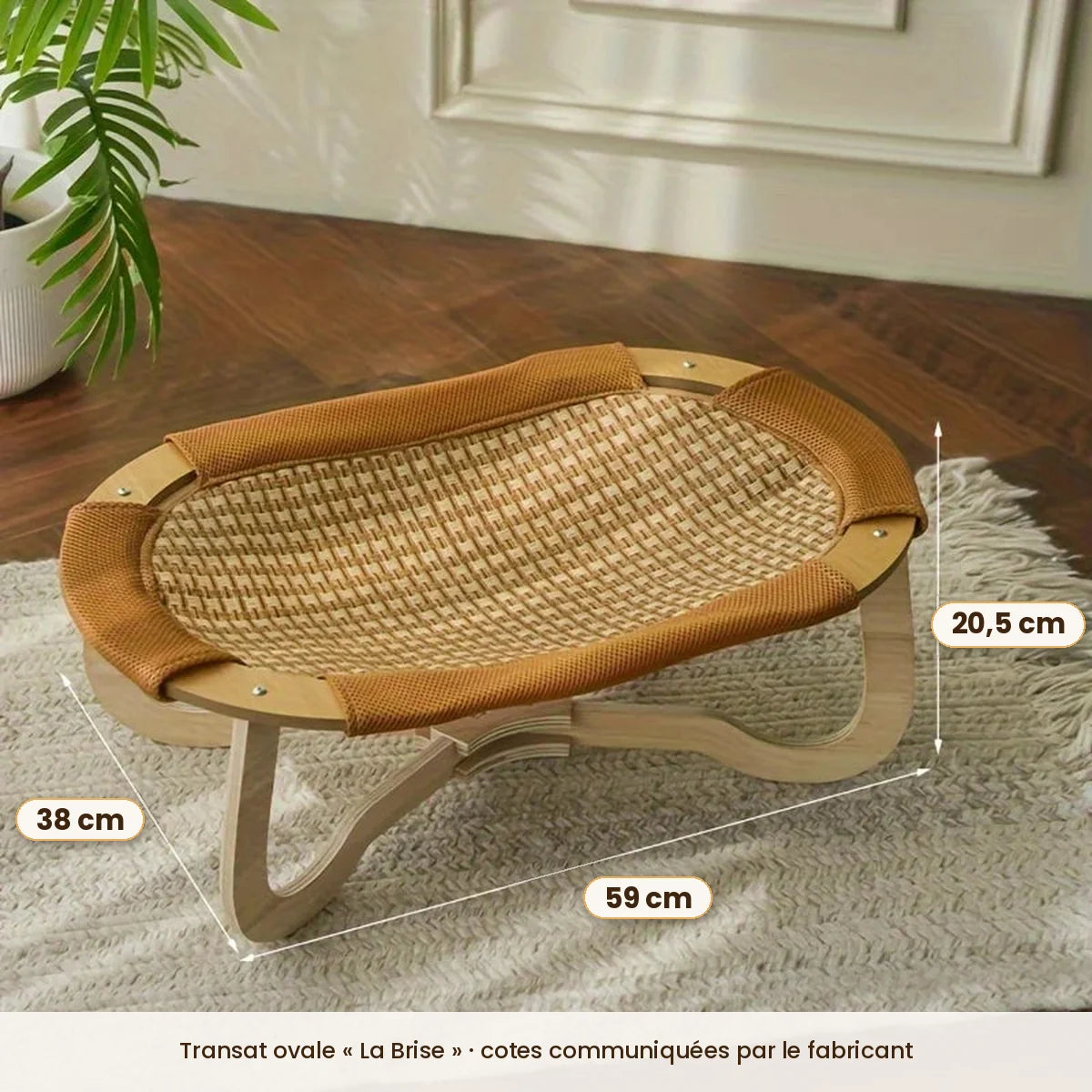Cotes du transat pour chat ovale : 59 x 38 cm, 20,5 cm de haut, piétement en bois croisé — Les Trésors d'Owka