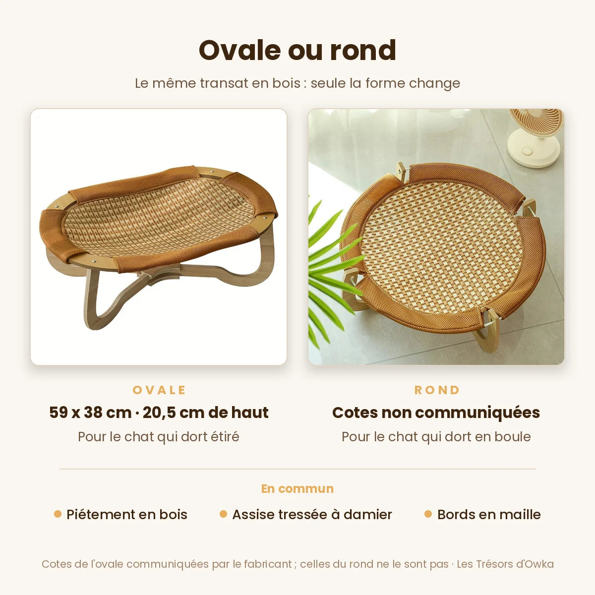 Transat pour chat ovale ou rond : même piétement en bois, assise tressée à damier et bords en maille ; cotes publiées pour l'ovale — Les Trésors d'Owka