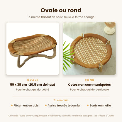 Transat pour chat ovale ou rond : même piétement en bois, assise tressée à damier et bords en maille ; cotes publiées pour l'ovale — Les Trésors d'Owka