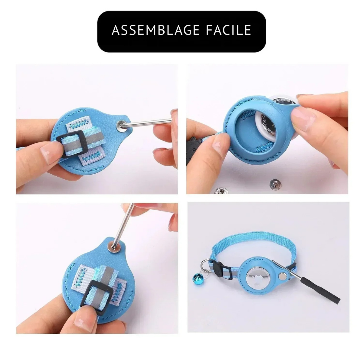 Guide d'assemblage facile en 4 étapes pour insérer un AirTag dans le support de protection en cuir du collier bleu pour chat, avec fermeture sécurisée par vis.