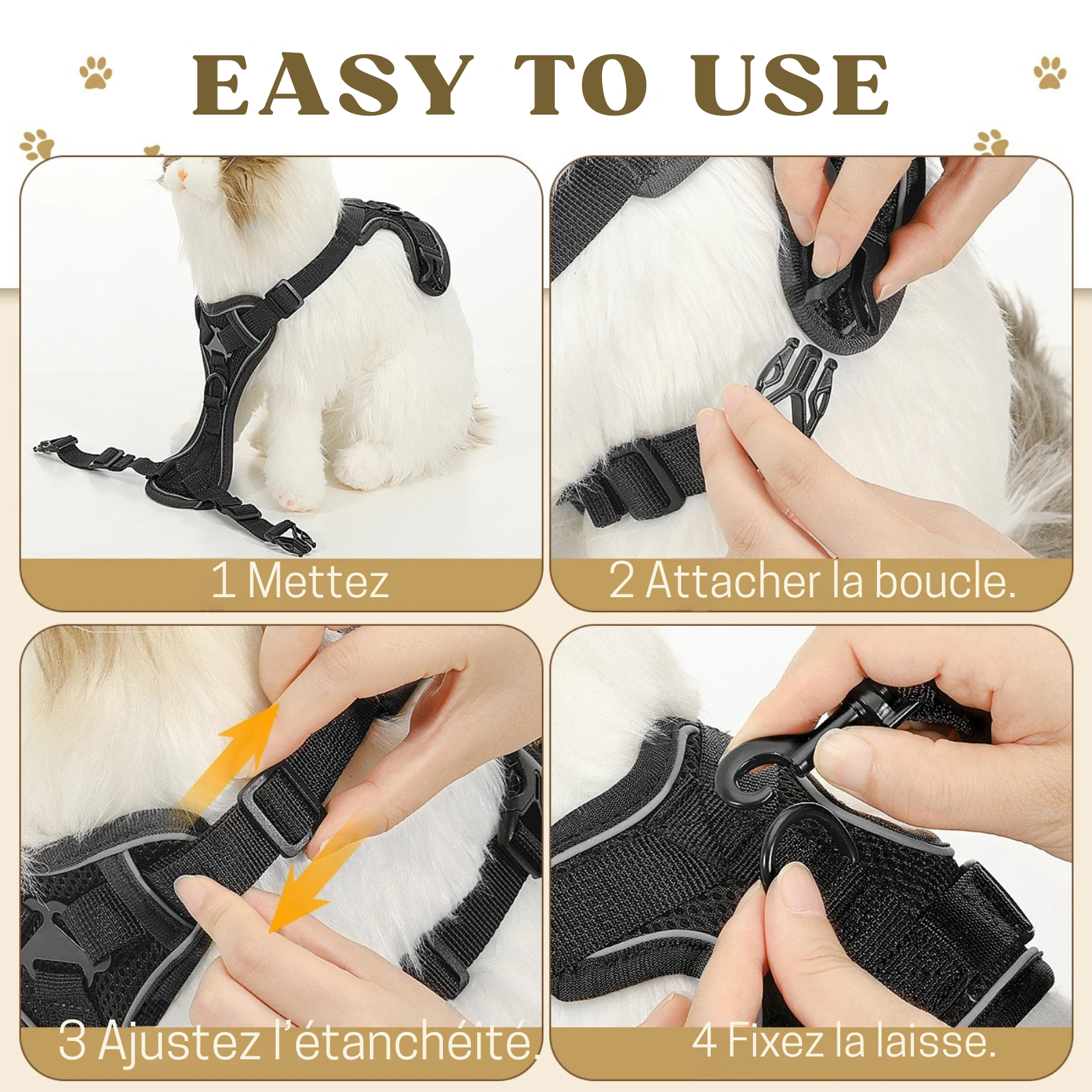 Tutoriel illustré en 4 étapes montrant comment installer facilement un harnais pour chat noir. Le guide explique comment mettre le harnais, attacher les boucles rapides, ajuster les sangles pour un effet anti-évasion et fixer la laisse métallique. Une méthode simple pour utiliser ce harnais chat de type harnais animaux respirant et réfléchissant en toute sécurité.