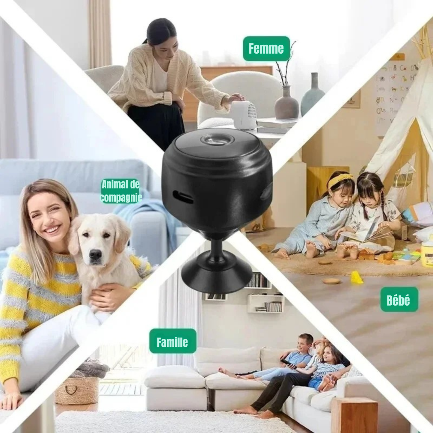 Mini caméra de surveillance animaux polyvalente illustrée dans 4 situations : surveillance de chien, babyphone vidéo, sécurité pour femme seule et protection de la famille. Cette caméra chat et caméra chien WiFi s'adapte à tous les besoins de la maison grâce à sa discrétion et sa haute définition.