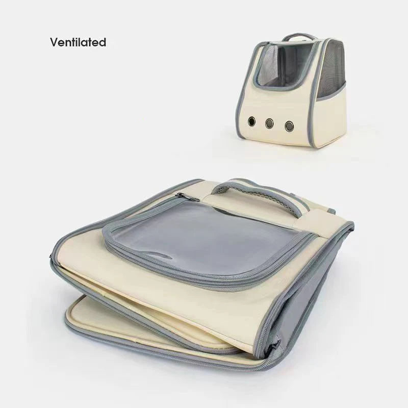 Montage montrant une femme portant un sac à dos de transport pour chat blanc et vert, et une vue rapprochée de l'ouverture supérieure zippée permettant à un chat gris de regarder à l'extérieur.