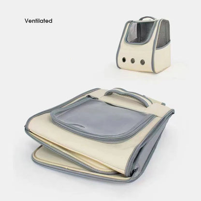 Montage montrant une femme portant un sac à dos de transport pour chat blanc et vert, et une vue rapprochée de l'ouverture supérieure zippée permettant à un chat gris de regarder à l'extérieur.
