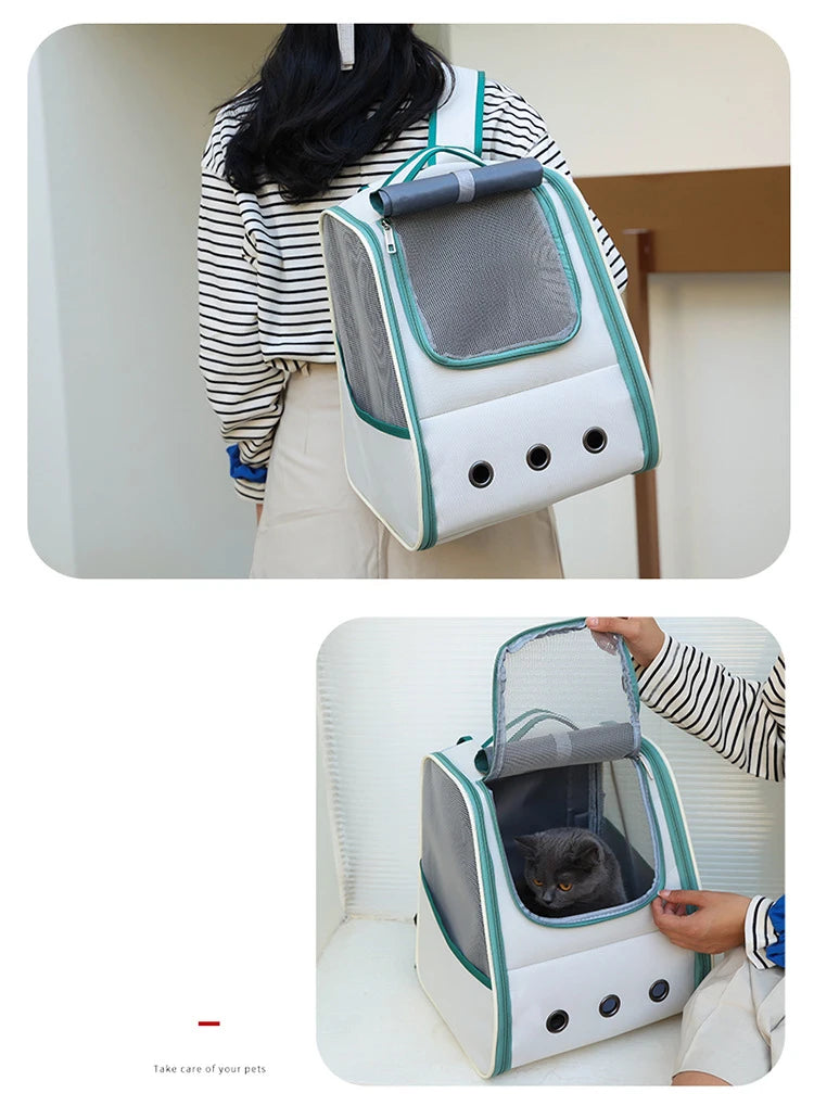 Montage montrant une femme portant un sac à dos de transport pour chat blanc et vert, et une vue rapprochée de l'ouverture supérieure zippée permettant à un chat gris de regarder à l'extérieur.