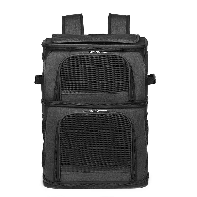 Montage montrant un sac à dos de transport pour chat ou chien, et une vue rapprochée de l'ouverture supérieure zippée permettant à un chat de regarder à l'extérieur.
