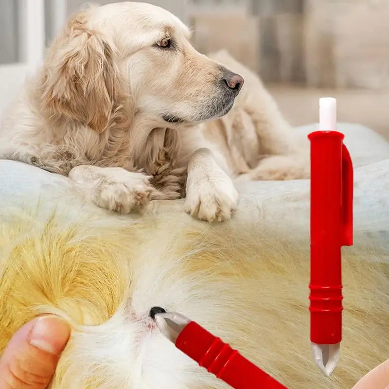 Retrait professionnel d'un parasite avec une pince à tique bleue sur l'oreille d'un chien à poils longs. Main gantée utilisant ce stylo extracteur précis, également idéal comme pince tique chat. Un accessoire de soin vétérinaire type pince tique indispensable pour une extraction sécurisée, hygiénique et sans douleur.