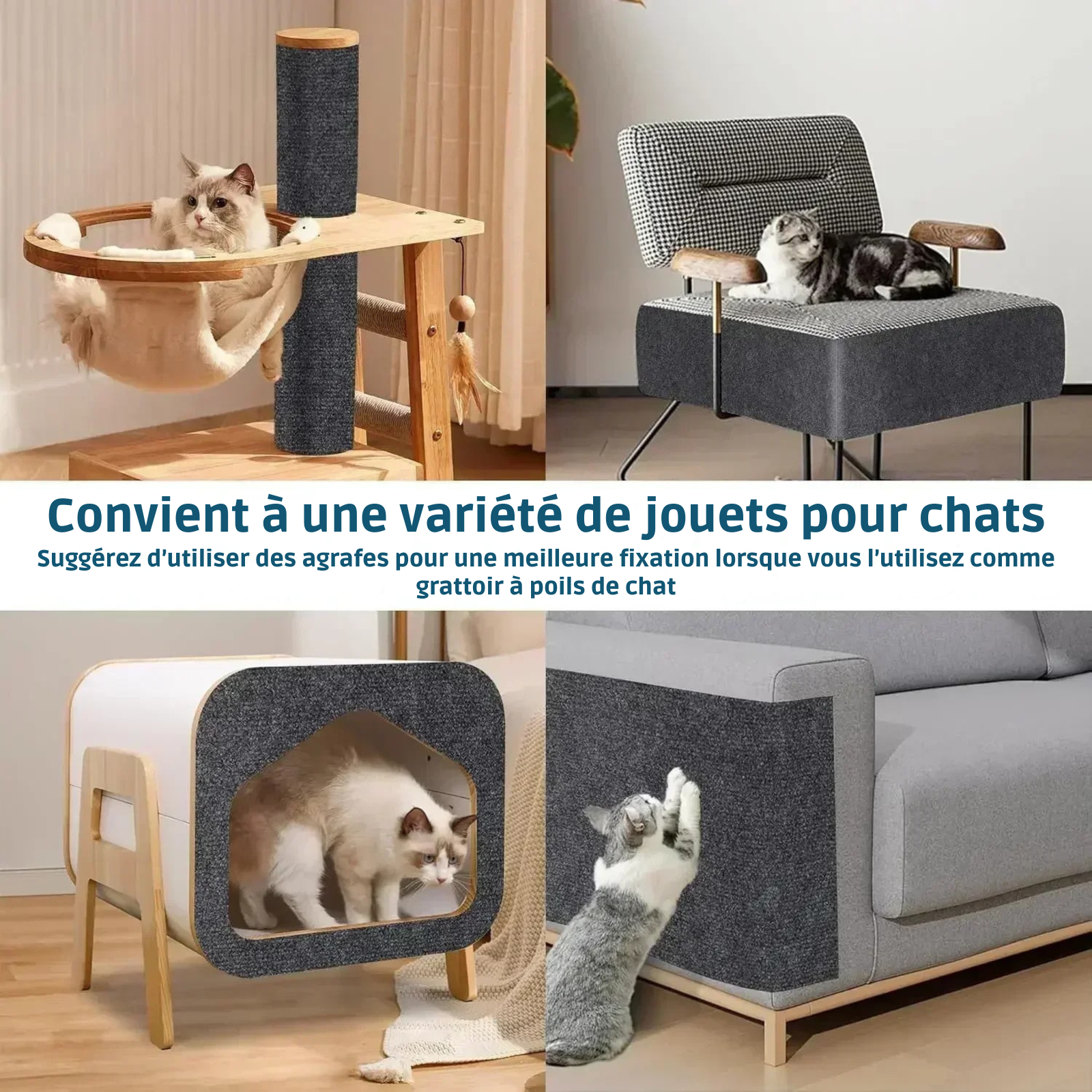 Infographie présentant quatre utilisations stratégiques du tapis griffoir chat adhésif gris : rénovation d'un poteau d'arbre à chat, protection d'un fauteuil design, customisation d'une niche en bois et bouclier anti-griffures sur un canapé en tissu. L'image démontre la polyvalence de ce tapis griffoir pour chat découpable qui s'adapte à tous les jouets et mobiliers. Ce tapis griffoir a chat gris anthracite est la solution idéale pour protéger votre intérieur tout en offrant une surface de griffade robuste 
