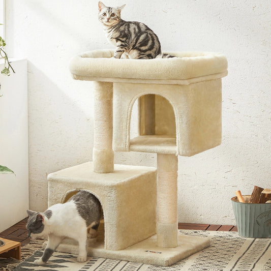 Arbre à chat 84 cm avec 2 niches spacieuses, grand panier moelleux et poteaux à griffer en sisal naturel – Idéal pour grands chats et multi-chats